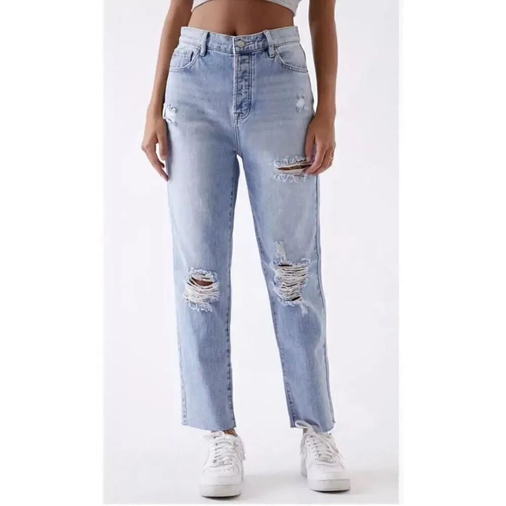 Womens Pacsun High Rise Straight Distressed Button Fly Light Rinse Jeans - Sz 30